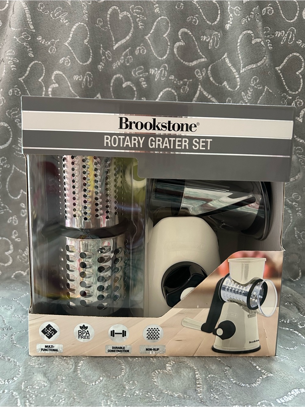 NWT Brookstone 3 Piece Set White, Black and Silver, Hand Rotary Grater Set